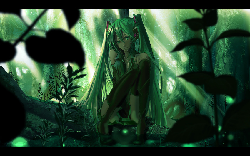 1girl aqua_eyes aqua_hair bad_id detached_sleeves forest green green_eyes green_hair hatsune_miku headphones highres katou_taira letterboxed long_hair looking_at_viewer nature necktie scenery sitting skirt solo sunbeam sunlight thighhighs twintails very_long_hair vocaloid wallpaper water widescreen zettai_ryouiki