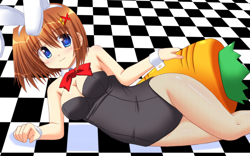 animal_ears blue_eyes brown_hair bunny_ears bunnygirl bunnysuit carrot curvy fishnet_pantyhose fishnets highres lask mahou_shoujo_lyrical_nanoha mahou_shoujo_lyrical_nanoha_a's mahou_shoujo_lyrical_nanoha_strikers on_side pantyhose short_hair wide_hips yagami_hayate