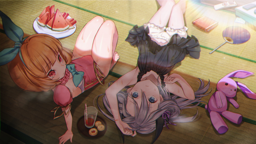 2girls absurdres arm_support arm_up armpits bangs bare_arms bare_legs bare_shoulders barefoot black_dress bloomers blue_eyes blue_ribbon brown_hair closed_mouth collarbone cookie cup day dress drink drinking_glass drinking_straw eyebrows_visible_through_hair feet_out_of_frame food frilled_dress frills goyain grey_hair hair_between_eyes hair_ribbon hand_fan highres huge_filesize indoors knees_up leotard long_hair looking_at_viewer lying multiple_girls on_back on_floor original paper_fan pink_leotard plate red_eyes ribbon short_hair sleeveless sleeveless_dress stuffed_animal stuffed_bunny stuffed_toy sunlight sweat tatami thumbprint_cookie tray uchiwa underwear watermelon_slice white_bloomers