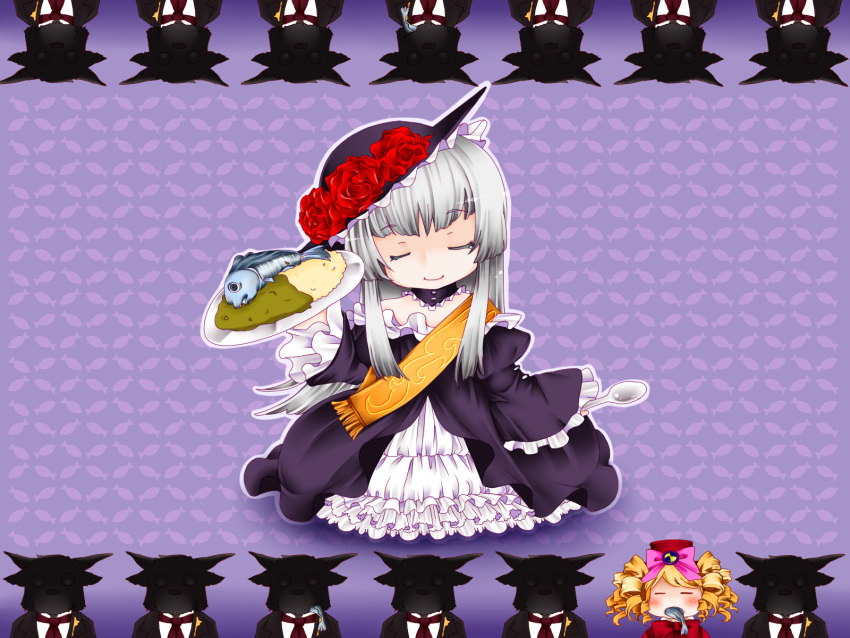 blonde_hair blush bow chibi choker closed_eyes dress drill_hair fish flower frills gaap goatman hat highres long_hair mini_top_hat ribbon silver_hair spoon top_hat umineko_no_naku_koro_ni virgilia when_they_cry_3