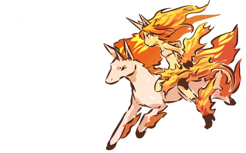 animal_ears bare_shoulders flame gloves hitec horn long_hair midriff moemon multicolored_hair orange_hair personification pokemon rapidash red_eyes red_hair shoes simple_background tail