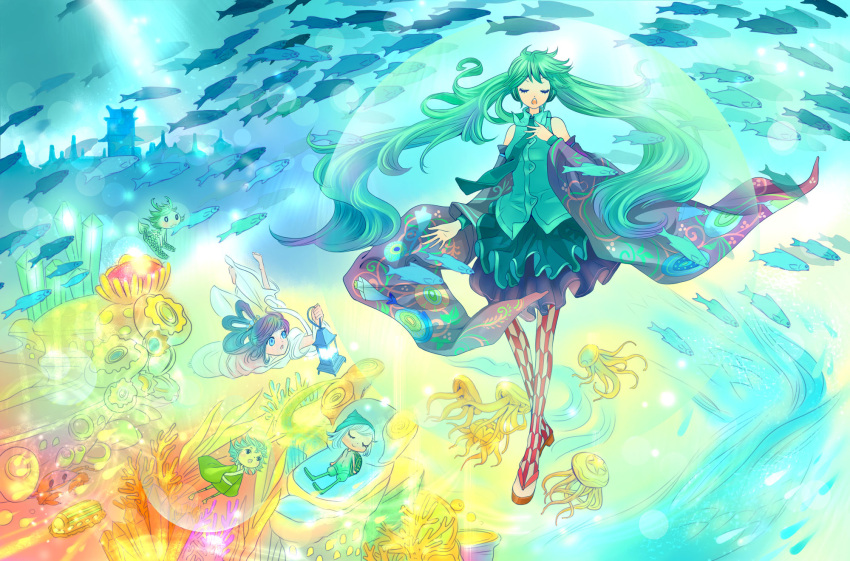 bare_shoulders bubble checkered closed_eyes detached_sleeves fins fish frills gathers grayfair green_hair hatsune_miku highres jellyfish light_particles long_hair necktie scales singing skirt sleeveless thighhighs twintails underwater very_long_hair vocaloid wide_sleeves