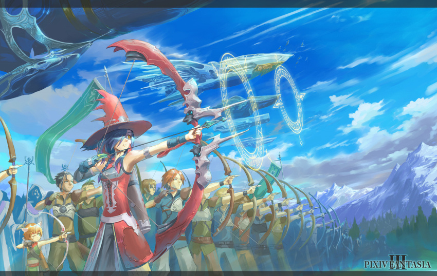 animal_ears bad_id blue_hair bow bow_(weapon) cloud flying group hair_over_one_eye hat iceojin long_hair magic_circle mountain pixiv_fantasia pixiv_fantasia_3 sky weapon