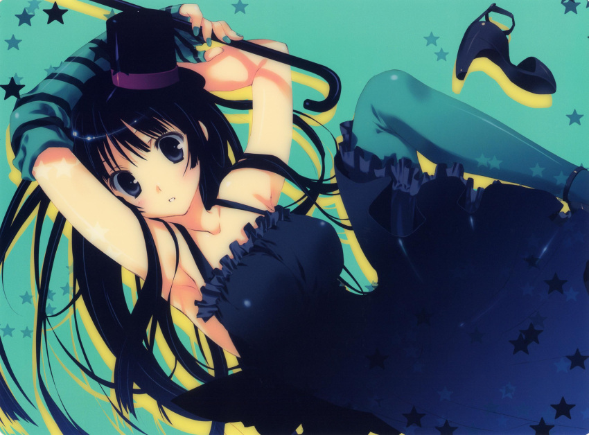 1girl akiyama_mio armpits arms_behind_head arms_up bangs bare_shoulders black_eyes black_hair blue_eyes blunt_bangs blush breasts cane don't_say_"lazy" dress fingerless_gloves frills gloves hat highres hime_cut k-on! long_hair mini_top_hat mitsumi_misato pantyhose scan solo thigh-highs thighhighs top_hat