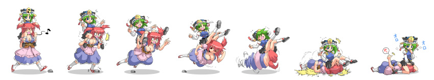 &gt;_&lt; 2girls :d ^_^ absurdres blue_eyes breasts cleavage closed_eyes comic fallen_down falling green_hair hair_bobbles hair_ornament highres kurogarasu left-to-right_manga long_image multiple_girls musical_note o_o onozuka_komachi open_mouth piggyback red_eyes red_hair rock shikieiki_yamaxanadu silent_comic sitting sitting_on_face sitting_on_person smile spinning tears thumbs_up touhou translated tripping twintails unlikely_accident wide_image