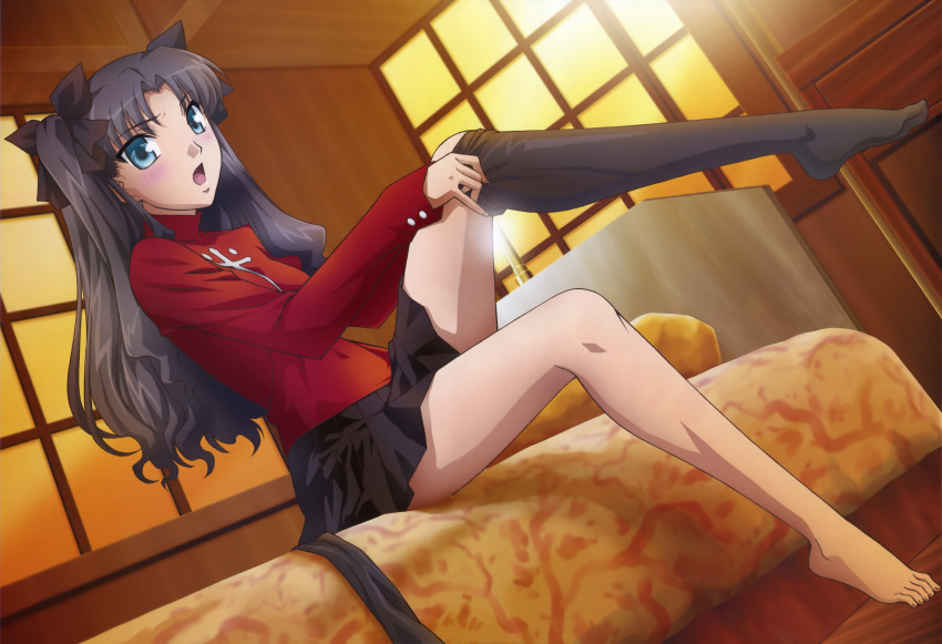 absurdres barefoot black_hair blush bow dressing fate/stay_night fate/unlimited_blade_works fate_(series) feet green_eyes hair_bow highres legs long_hair makita_yoshinobu nyantype official_art open_mouth single_thighhigh sock_pull thigh-highs thighhighs tohsaka_rin toosaka_rin twintails undressing