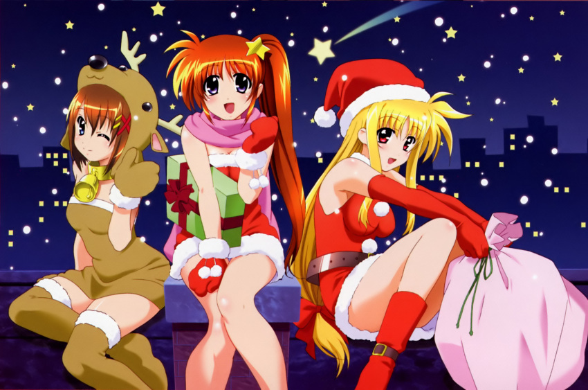 3girls animal_costume blonde_hair blue_eyes blush breasts brown_hair brown_legwear dress fate_testarossa hairclip hat highres long_hair mahou_shoujo_lyrical_nanoha mahou_shoujo_lyrical_nanoha_a's mahou_shoujo_lyrical_nanoha_strikers mittens multiple_girls open_mouth orange_hair red_eyes reindeer_costume santa_costume santa_hat short_hair side_ponytail skirt smile takamachi_nanoha thighhighs wink yagami_hayate