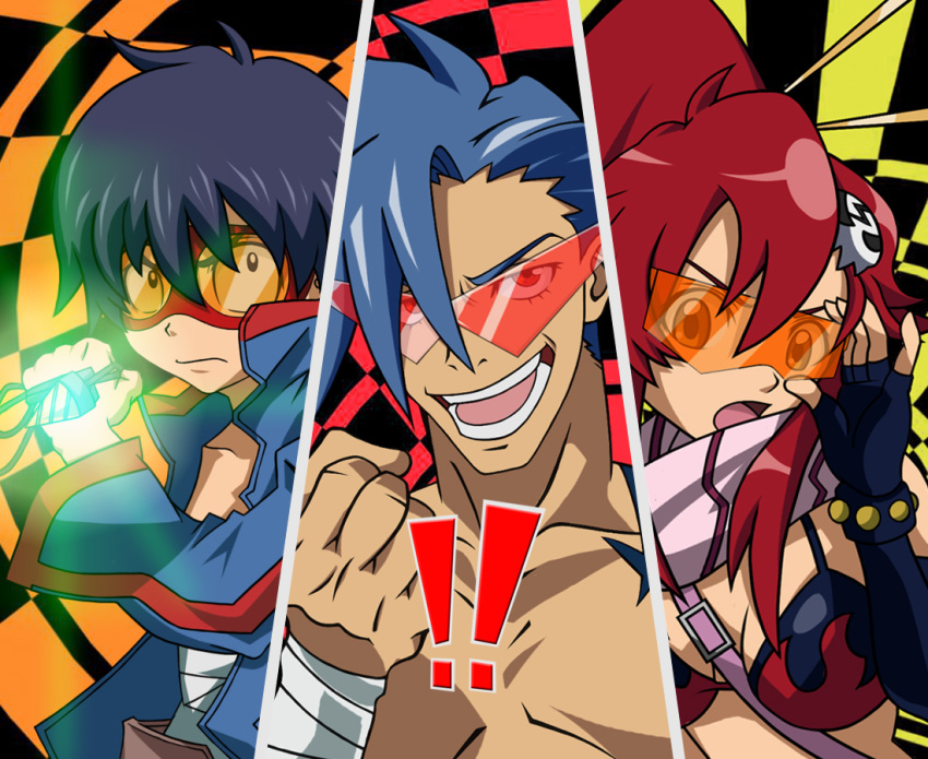 adjusting_glasses all-out_attack bandages bikini_top blue_hair clenched_hand cut-in drill fingerless_gloves glasses gloves goggles hair_ornament kamina kamina_shades ninja- parody persona persona_4 ponytail red_hair scarf simon sunglasses tengen_toppa_gurren_lagann yoko_littner yoko_ritona