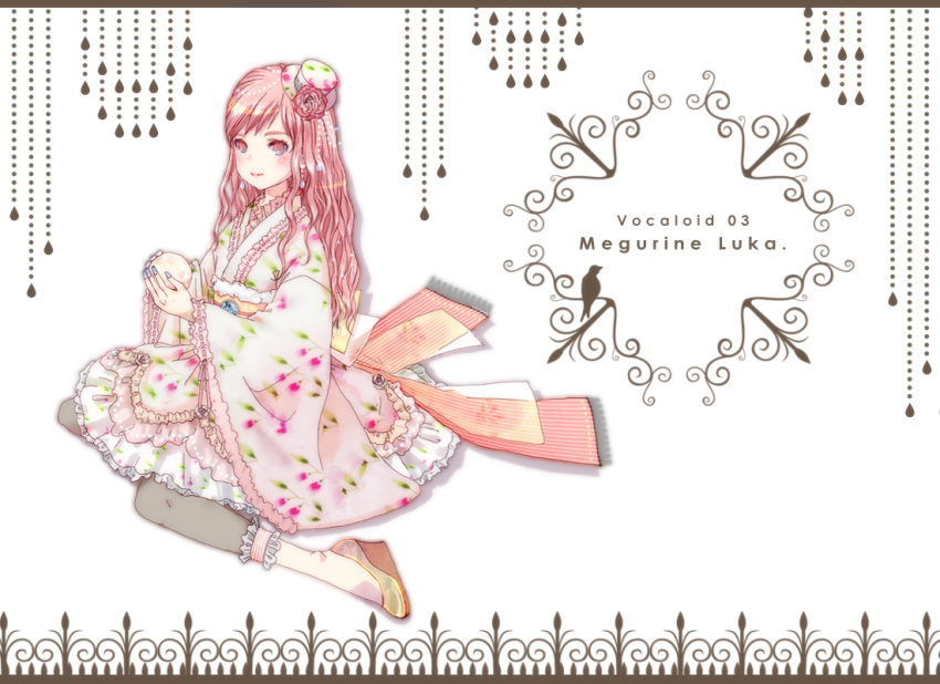 1girl bad_id earrings flower hat japanese_clothes jewelry kimono kimono_skirt leggings lolita_fashion long_hair megurine_luka mini_top_hat n2ks pink_eyes pink_hair rose shoes sitting solo top_hat vocaloid wa_lolita