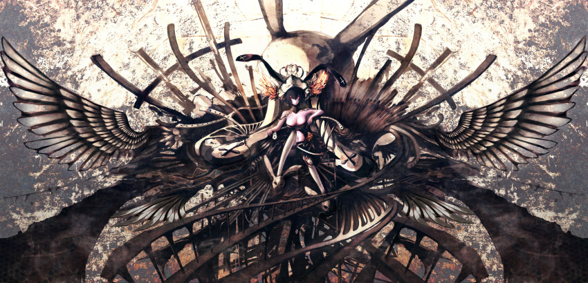 animal_ears black_hair bunny_ears dress hat highres iori iori_yakatabako original short_hair sitting skull thigh-highs tricorne wings yellow_eyes