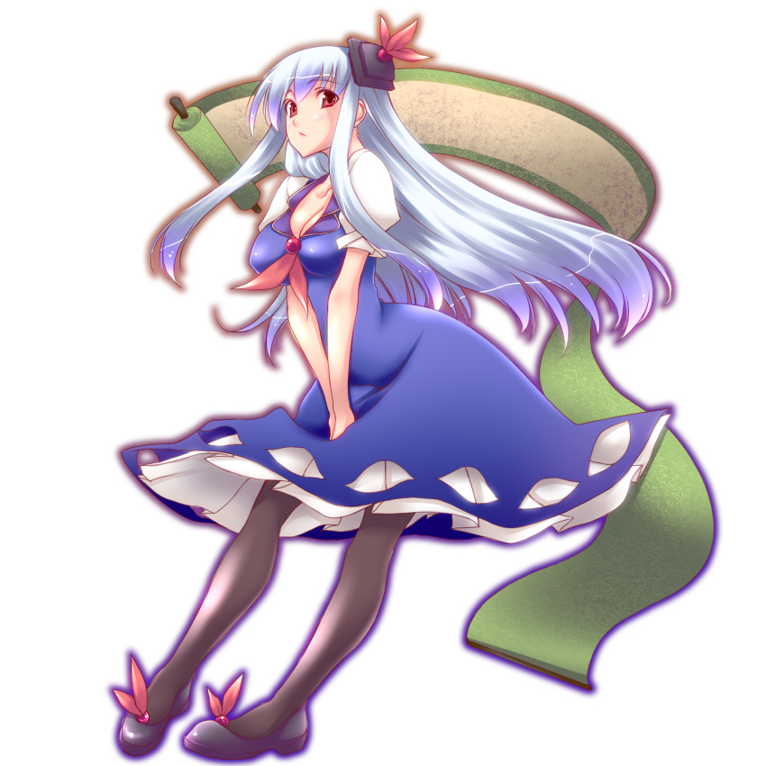 blue_hair breasts cleavage highres kamishirasawa_keine long_hair oohira_sansetto pantyhose red_eyes scroll solo touhou transparent_background