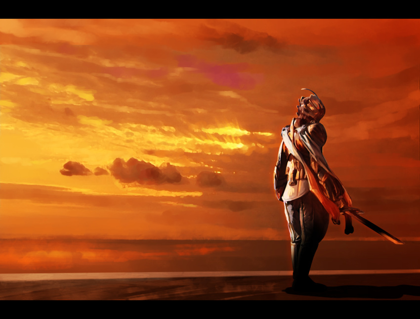 1boy arms_at_sides ashi_ura back cloud cloudy_sky from_behind holding holding_sword holding_weapon kamen_rider kamen_rider_w letterboxed male_focus monster nasca_dopant ocean orange_sky orange_theme outdoors pants sky solo sunlight sunset sword walking weapon
