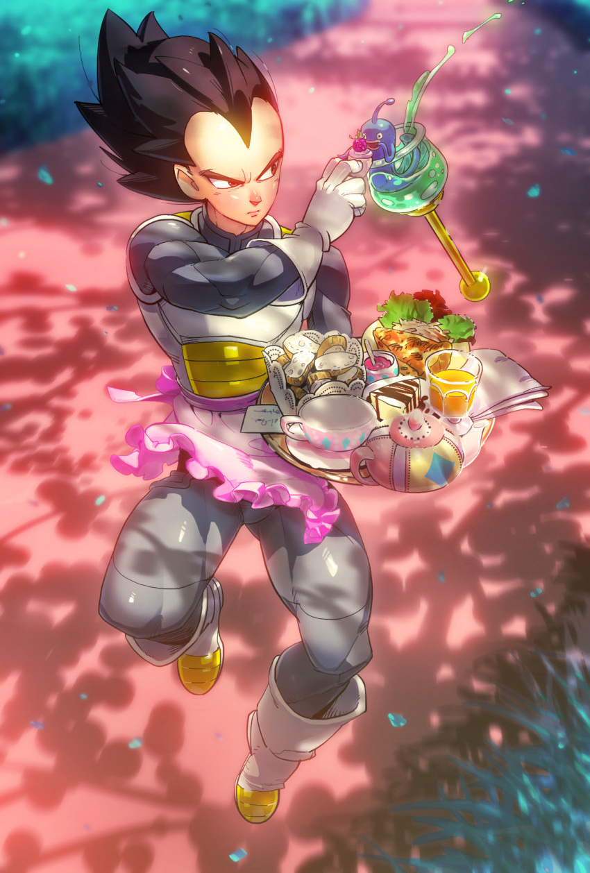 1boy apron armor berry black_eyes black_hair boots bread cake chocolate_cake cup dappled_sunlight day dessert dragon_ball dragon_ball_super dragonball_z expressionless fish fish_tank floating food glass gloves grass highres lettuce male_focus napkin open_mouth orange_juice outdoors pie serious short_hair spiky_hair sunlight supobi teacup teapot tray vegeta yogen-gyo