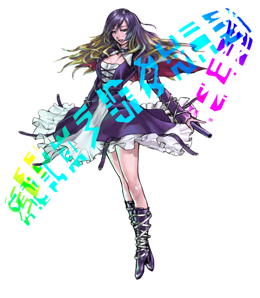 black_dress boots cape capelet dress gradient_hair highres hijiri_byakuren legs long_hair magic_circle multicolored_hair murasaki-sin murasaki_sin scroll touhou transparent_background wind_lift yellow_eyes