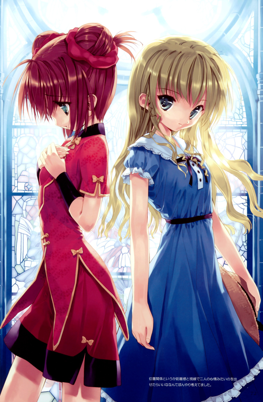 blonde_hair china_dress chinese_clothes double_bun dress green_eyes highres long_hair red_hair redhead ueda_ryou