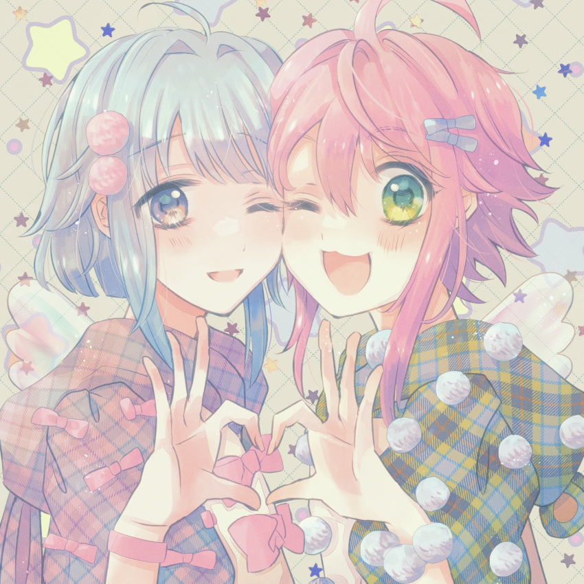 2boys androgynous blue_hair blush ensemble_stars! green_eyes heart heart_hands heart_hands_duo highres himemiya_touri light_blue_hair looking_at_viewer male_focus multiple_boys open_mouth pink_hair plaid plaid_shirt shimizukawaii shino_hajime shirt short_hair short_sleeves smile violet_eyes