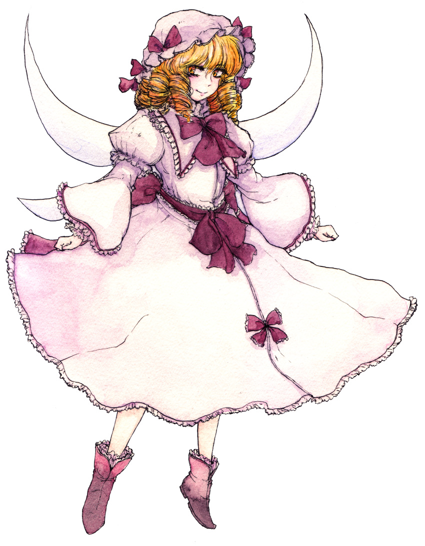 bad_id blonde_hair curly_hair frills hat highres lewis luna_child multiple_wings ribbon shoes short_hair simple_background smile solo touhou traditional_media transparent_background watercolor_(medium) wide_sleeves wings yellow_eyes