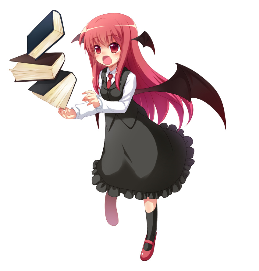 book dress gradient_hair head_wings headwings highres koakuma long_hair mary_janes minamura_haruki multicolored_hair necktie open_mouth red_hair redhead shoes solo sweatdrop touhou transparent_background wings
