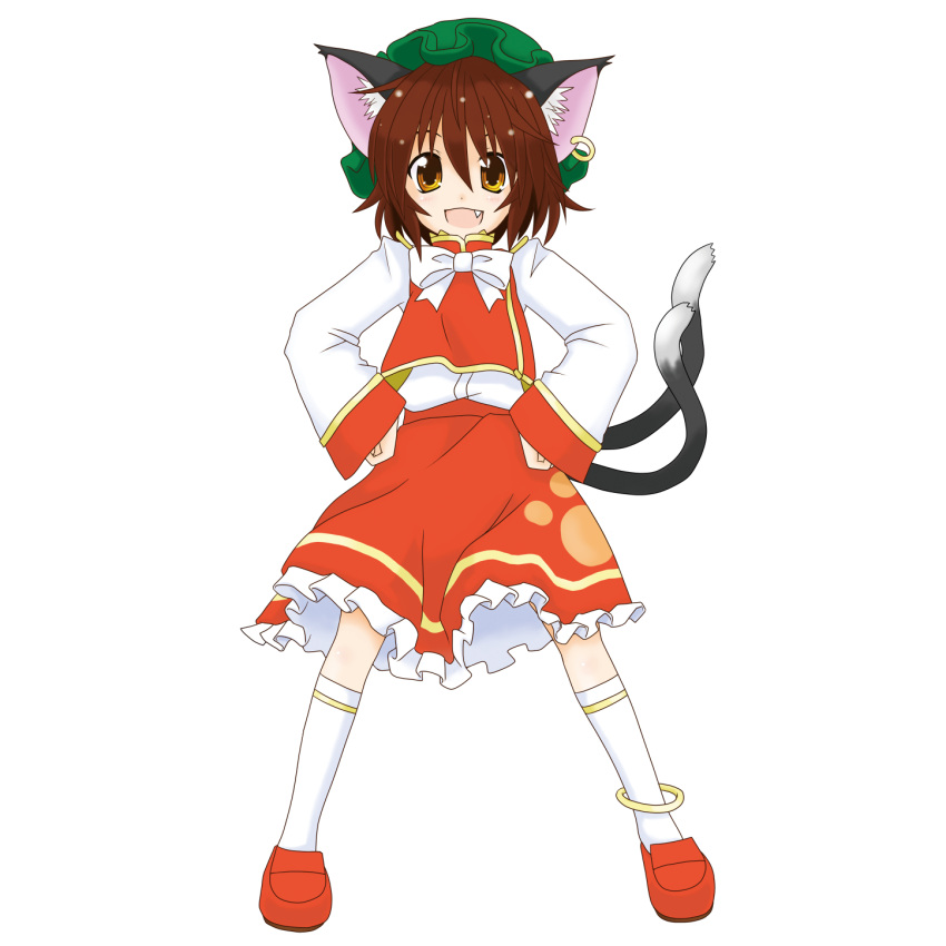 brown_hair cat_ears cat_tail chen eku hat highres multiple_tails solo tail touhou transparent_background