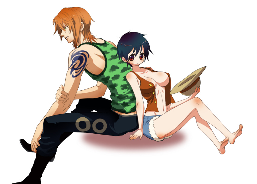 back_to_back barefoot black_hair boots breasts error feet genderswap hat highres hotpants keiji0732 large_breasts legs luffyko midriff monkey_d_luffy nami navel one_piece open_clothes open_shirt orange_hair red_eyes scar shirt short_hair short_shorts shorts sideboob straw_hat tattoo