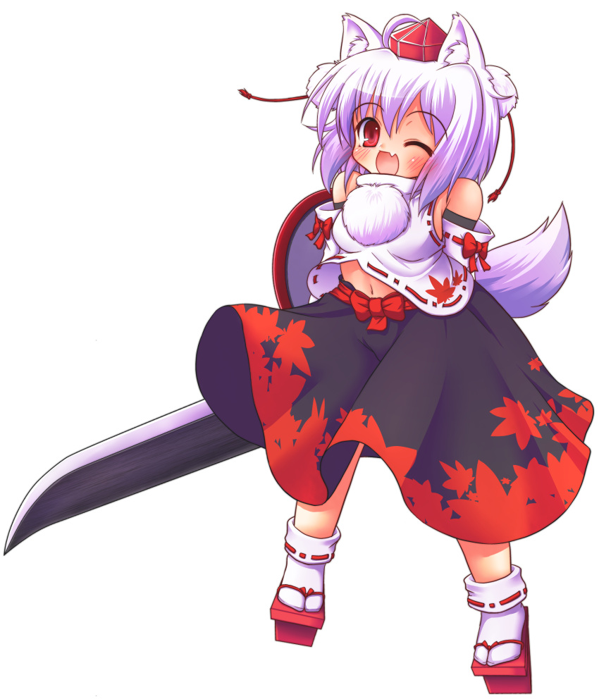 arms_behind_back bare_shoulders detached_sleeves fang geta hat highres inubashiri_momiji iwanosuke navel open_mouth red_eyes shield silver_hair solo sword tail tengu-geta tokin_hat touhou transparent_background weapon wink wolf_tail