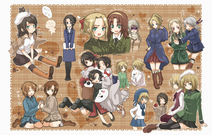 ahoge alternate_hair_length alternate_hairstyle america_(hetalia) austria_(hetalia) axis_powers_hetalia bad_id black_eyes black_hair black_legwear blonde_hair blue_eyes blush boots bow brown_hair cat china_(hetalia) china_dress chinese_clothes coat dress france_(hetalia) genderswap germany_(hetalia) glasses greece_(hetalia) green_eyes grey_hair hair_bow hair_ornament hairband hairpin hat highres holding_hands hong_kong_(hetalia) hug kneehighs kneeling korea_(hetalia) liechtenstein_(hetalia) lithuania_(hetalia) long_hair multiple_girls northern_italy_(hetalia) pajamas panda pantyhose pleated_skirt poland_(hetalia) ponytail prussia_(hetalia) purple_eyes russia_(hetalia) sailor sandals scarf sealand_(hetalia) shoes short_hair siblings sisters sitting skirt sleeve_tug socks southern_italy_(hetalia) spain_(hetalia) sweatdrop switzerland_(hetalia) thighhighs tomato translation_request tsurime twintails uniform united_kingdom_(hetalia) zettai_ryouiki