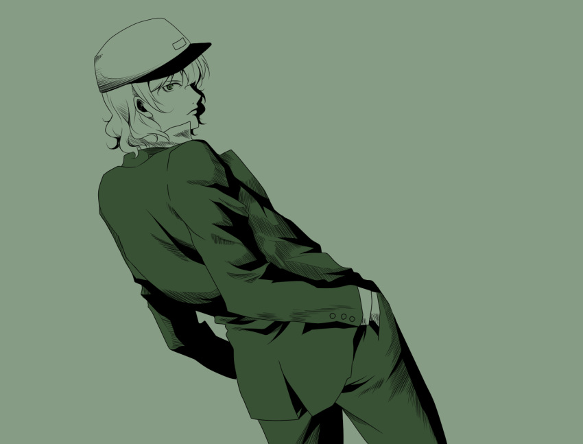 androgynous ass baseball_cap cap cowboy_shot crossdressinging curly_hair dutch_angle female formal from_behind gintama green green_eyes hands_in_pockets hat izanami long_hair looking_at_viewer looking_back monochrome parody persona persona_4 reverse_trap smile solo standing suit tomboy uzu_hi