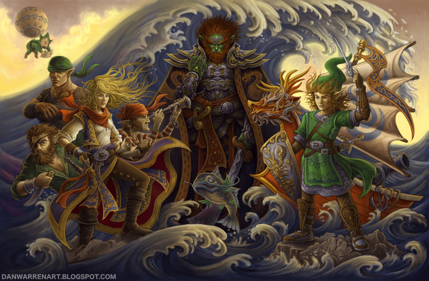 6+boys alternate_costume anchor arm_up armor balloon bandana beard belt blonde_hair blue_eyes boat boots brown_hair cannon character_request dagger dan_warren dragon earrings everyone eyepatch facial_hair fish fishman_(the_legend_of_zelda) flag floating ganondorf gauntlets gloves gonzo green_skin hand_on_hip hat highres holding instrument jewelry jumping king_of_red_lions link long_hair looking_at_viewer map messy_hair multiple_boys mustache nintendo ocean outdoors paintbrush pirate pointy_ears red_hair redhead robe rock rope scenery scroll shield shirt standing sword telescope tetra the_king_of_red_lions the_legend_of_zelda tingle triforce tunic watermark waves weapon web_address wind_waker zuko