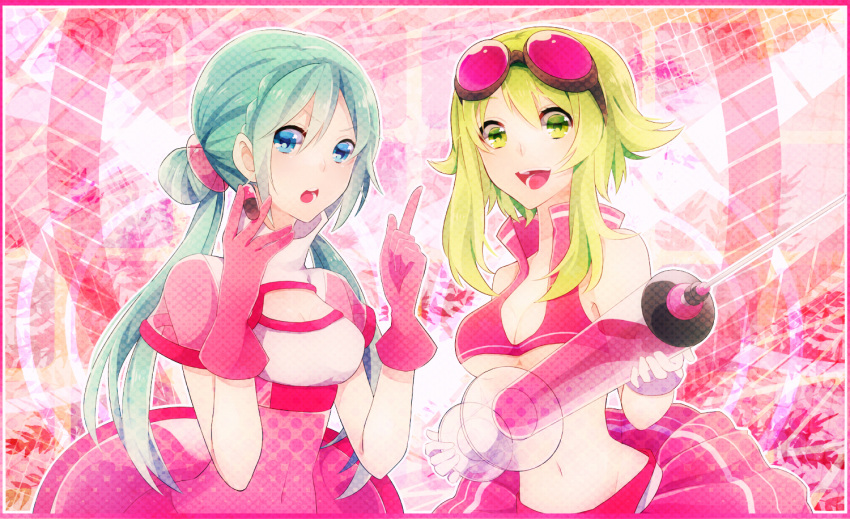 achiki aqua_eyes aqua_hair bad_id bare_shoulders breasts dress drugs gloves goggles goggles_on_head green_eyes green_hair gumi hatsune_miku midriff multiple_girls navel open_mouth oversized_object pill skirt syringe twintails under_boob underboob vocaloid