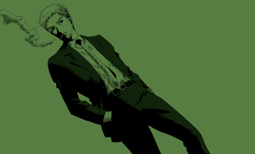 belt doujima_ryoutarou dutch_angle formal gintama green green_background green_eyes hands_in_pockets looking_at_viewer male monochrome necktie pants parody persona persona_4 short_hair smoking solo standing suit uzu_hi