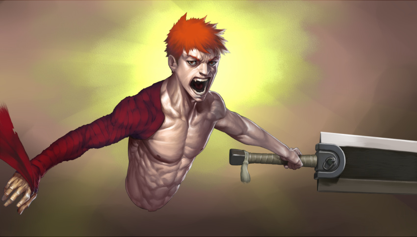 bad_id berserk crossover dragonslayer_(sword) emiya_shirou fate/stay_night fate_(series) male manly muscle realistic red_eyes red_hair redhead ribbon shiba_(berryeater) shirtless sword weapon