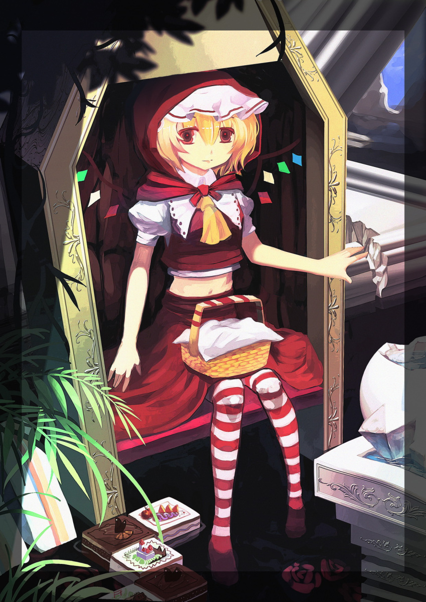 adapted_costume ascot basket blonde_hair cake coffin flandre_scarlet flower food highres hood lamase_(41) midriff red_eyes rose short_hair sitting solo striped striped_legwear the_embodiment_of_scarlet_devil thigh-highs thighhighs touhou wings
