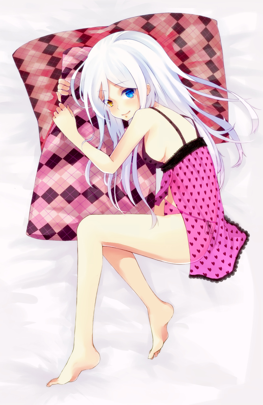 barefoot blue_eyes heterochromia highres legs long_hair lying no_(nnnnto) on_side original panties pillow see-through smile solo underwear white_hair yellow_eyes