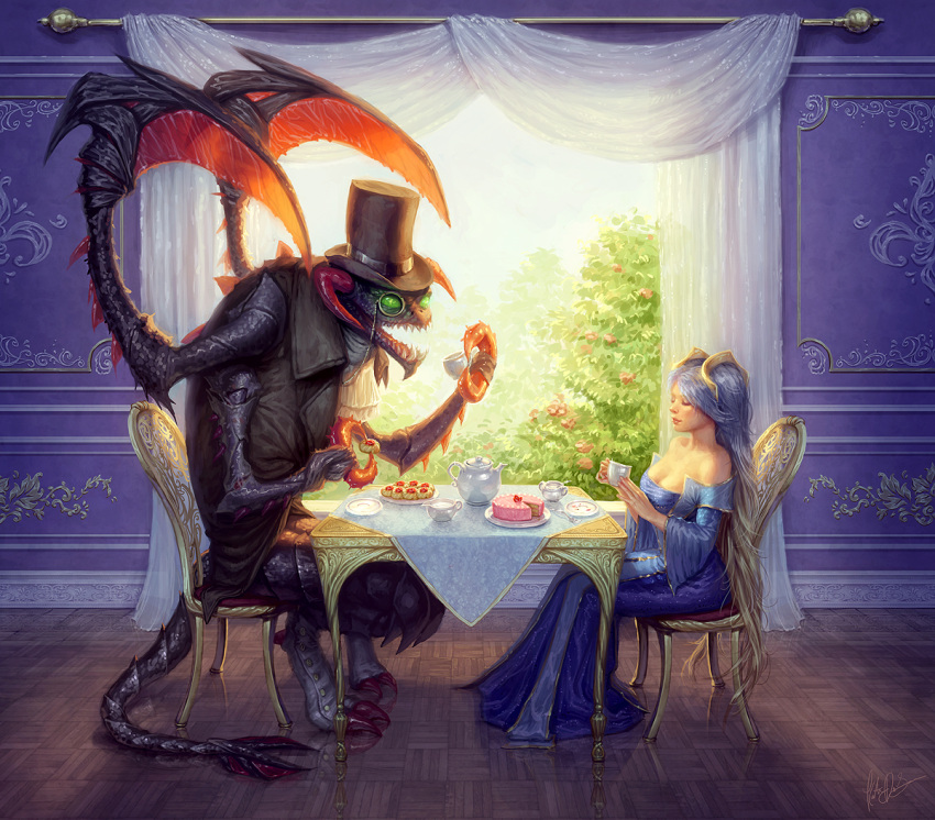 1girl blue_hair breasts cake cho'gath cho'gath cleavage closed_eyes cup curtains eyes_closed food formal hat highres indoors katie_de_sousa league_of_legends long_hair monocle monster signature sitting sona_buvelle table tail teacup top_hat very_long_hair window