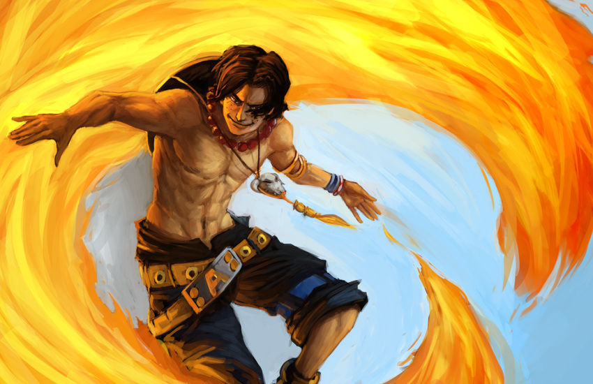 abs belt black_hair bracelet fighting_stance fire freckles grin hat highres jepps jewelry male muscle necklace one_piece portgas_d_ace short_hair shorts skull_necklace smile solo topless
