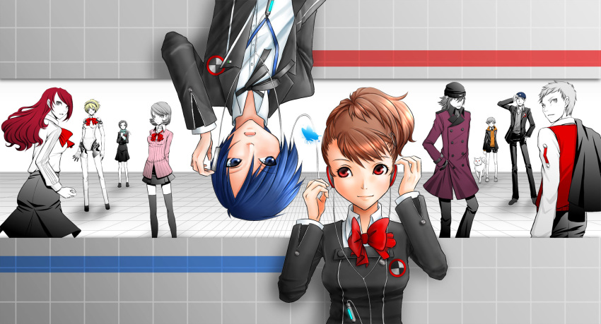 amada_ken android aragaki_shinjirou arisato_minato beanie blonde_hair blue_eyes blue_hair brown_hair choker digital_media_player dog female_protagonist_(persona_3) hat headphones highres iori_junpei kirijou_mitsuru koromaru long_hair miyasachi multiple_boys multiple_girls persona persona_3 persona_3_portable red_eyes red_hair redhead ribbon sanada_akihiko school_uniform short_hair takeba_yukari thighhighs trench_coat yamagishi_fuuka