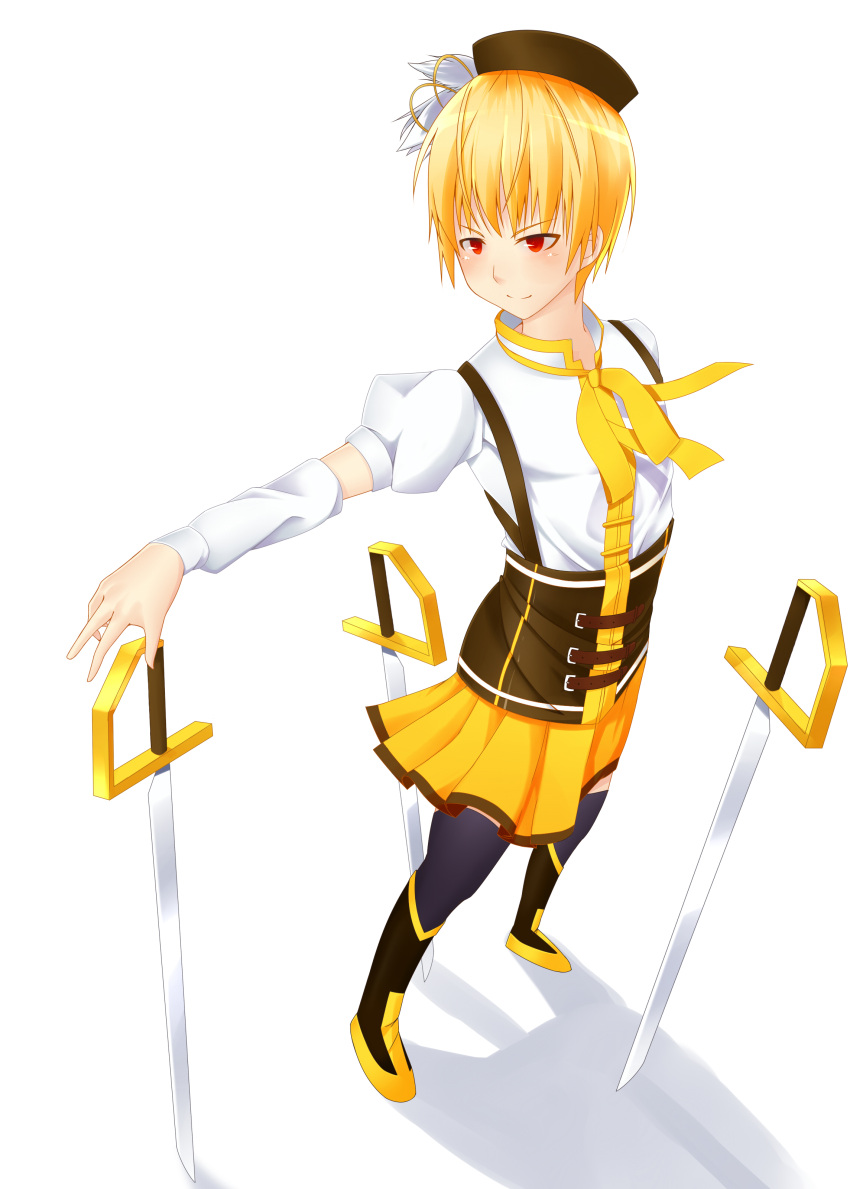 1boy absurdres beret blonde_hair boots cosplay dacchi detached_sleeves fate/stay_night fate_(series) gilgamesh hat highres magical_girl mahou_shoujo_madoka_magica planted_sword planted_weapon puffy_sleeves red_eyes short_hair simple_background sword thigh-highs thighhighs tomoe_mami tomoe_mami_(cosplay) weapon white_background