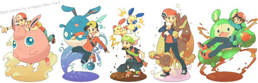 5boys azumarill backwards_hat bag baseball_cap black_hair brown_hair buneary cookie dust electricity food gold_(pokemon) gold_(pokemon)_(remake) happy_new_year hat highres kouki_(pokemon) kouki_(pokemon)_(remake) lava_cookie lopunny minun mouth_hold multiple_boys new_year niimura_(csnel) plusle pointing pokemon pokemon_(creature) pokemon_(game) pokemon_bw pokemon_dppt pokemon_frlg pokemon_gsc pokemon_hgss pokemon_rgby pokemon_rse red_(pokemon) red_(pokemon)_(remake) reuniclus scarf snow touya_(pokemon) water white_background wigglytuff winter_clothes yuuki_(pokemon) yuuki_(pokemon)_(remake) yuuki_(pokemon_emerald)