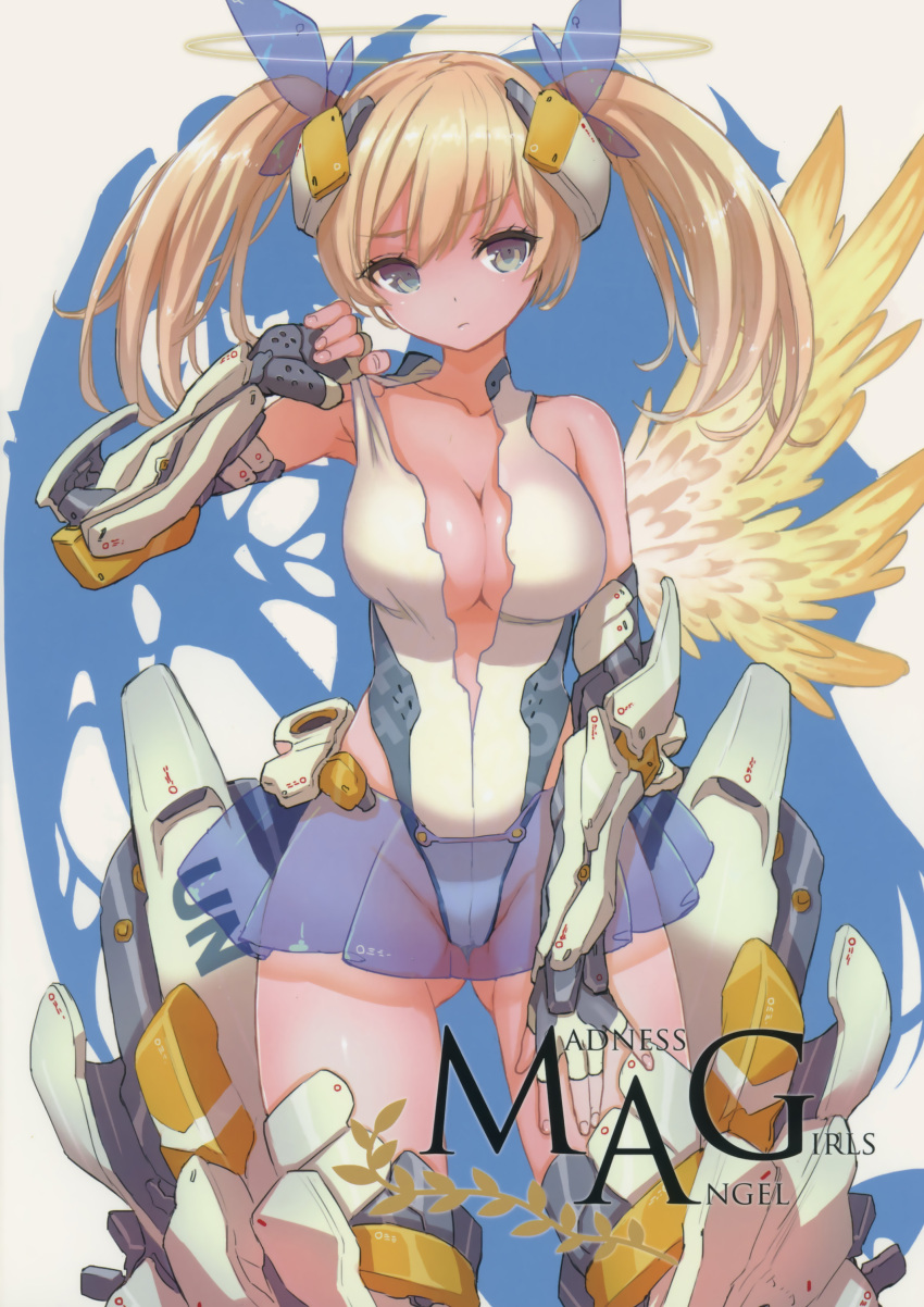 absurdres blonde_hair blue_eyes breasts center_opening cleavage fingerless_gloves gloves hair_ornament hair_ribbon highres leotard long_hair mound_of_venus no_bra original ribbon saitom single_wing solo twintails wings