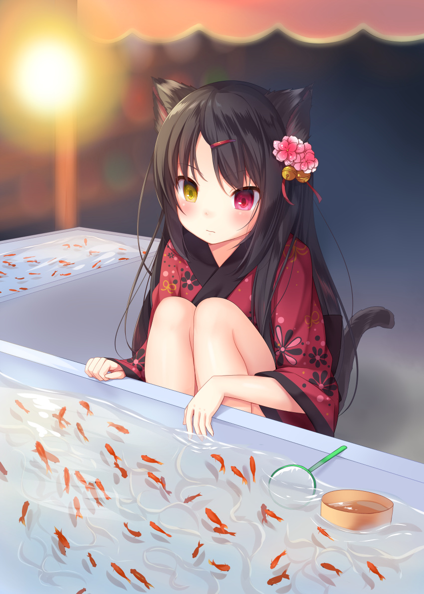 1girl absurdres amashiro_natsuki animal_ears bell black_hair blush cat_ears cat_tail closed_mouth commentary_request festival fish floral_print flower goldfish goldfish_scooping hair_bell hair_flower hair_ornament hairclip heterochromia highres japanese_clothes kimono long_hair original outdoors poi_(goldfish_scoop) red_eyes sitting solo staring tail wavy_mouth yellow_eyes