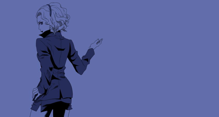 ass blue breasts cowboy_shot curly_hair formal from_behind gintama hairband hand_on_hip hips legs lips looking_at_viewer looking_back margaret miniskirt office_lady parody persona persona_4 profile sideboob skirt smile solo standing suit uzu_hi
