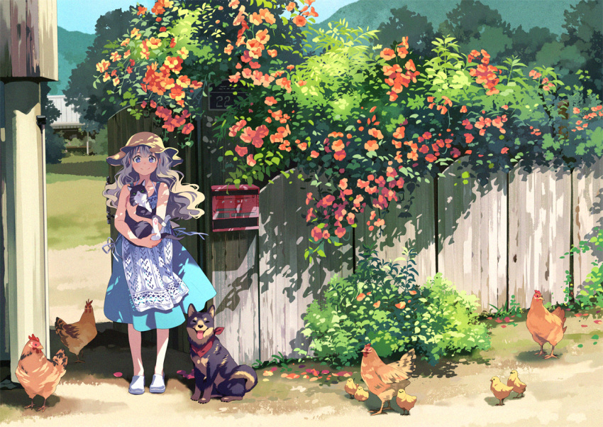 1girl animal apron bangs bf._(sogogiching) bird black_shirt blue_eyes blue_skirt blush cat chick chicken commentary_request day dog fence flower grey_hair hat holding holding_cat long_hair looking_at_viewer mailbox_(incoming_mail) original outdoors red_flower shirt skirt smile solo standing waist_apron wavy_hair white_footwear wooden_fence