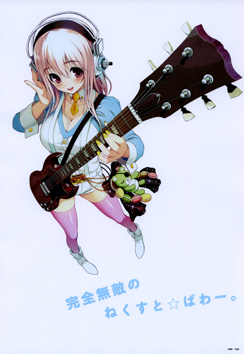 absurdres blush breasts cleavage electric_guitar foreshortening guitar headphones highres instrument large_breasts long_hair looking_at_viewer nail_polish nitroplus open_mouth pink_hair red_eyes shoes smile solo super_sonico thigh-highs thighhighs tsuji_santa