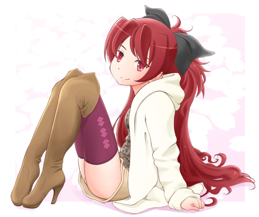 alternate_costume boots high_heels highres knee_boots long_hair mahou_shoujo_madoka_magica panties red_eyes red_hair redhead sakura_kyouko sitting smile solo thigh-highs thigh_boots thighhighs underwear wa_(genryusui)