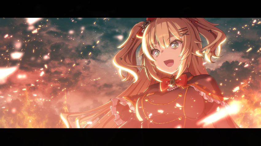 1girl absurdres akai_haato bangs black_capelet blonde_hair bow capelet clouds cloudy_sky embers eyebrows_visible_through_hair fire green_eyes hair_ornament hairclip highres hololive jjjjjjj looking_down open_mouth red_bow sky solo two_side_up virtual_youtuber