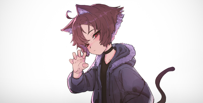 1girl animal_ears black_shirt brown_hair cat_ears cat_tail choker closed_mouth copyright_request highres hood hood_down hoodie long_sleeves looking_at_viewer mark_simonov open_clothes open_hoodie red_eyes shirt short_hair simple_background solo tail upper_body white_background