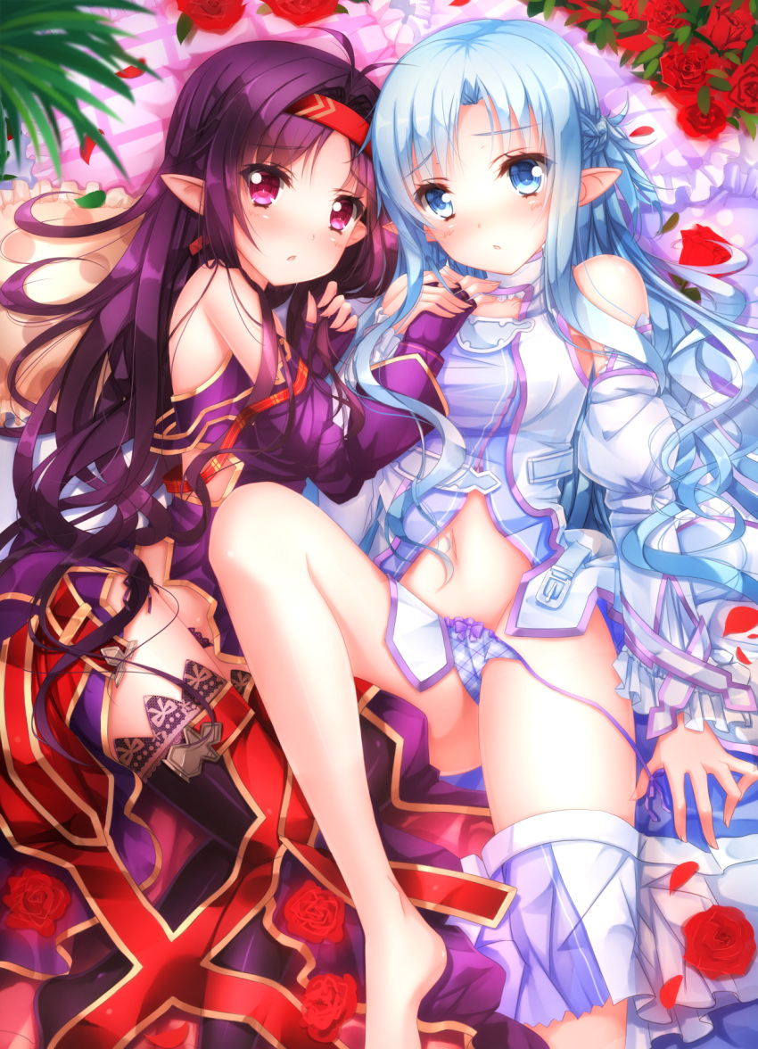 asuna_(sao) asuna_(sao-alo) blue_eyes blue_hair character_request fingerless_gloves flower gloves highres long_hair lying multiple_girls on_back pointy_ears purple_eyes purple_hair rose sword_art_online swordsouls thigh-highs thighhighs violet_eyes yuuki_(sao) yuuki_asuna