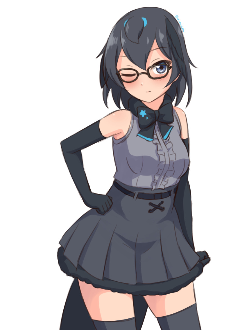 1girl ;( absurdres adapted_costume bangs bare_shoulders belt bespectacled black-framed_eyewear black_bow black_gloves black_hair black_legwear black_neckwear black_skirt blue_eyes bow bowtie breasts center_frills cosplay elbow_gloves eyebrows_visible_through_hair frills frown glasses gloves greater_lophorina_(kemono_friends) grey_shirt hand_on_hip head_wings highres kemono_friends looking_at_viewer medium_breasts one_eye_closed serval_(kemono_friends) serval_(kemono_friends)_(cosplay) shiraha_maru shirt short_hair simple_background skirt sleeveless sleeveless_shirt solo tail thigh-highs twitter_username white_background zettai_ryouiki