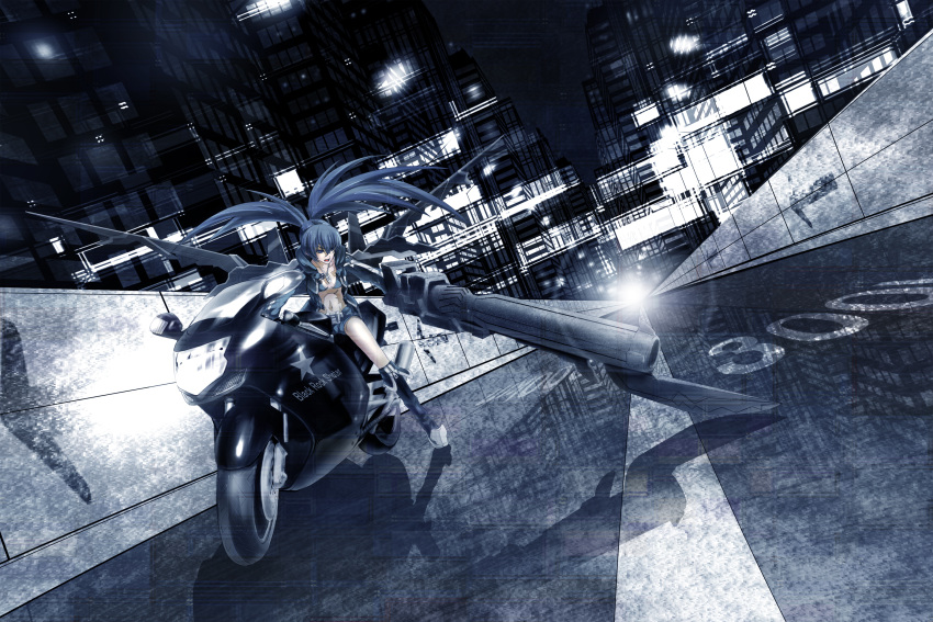 bad_id bikini_top black_hair black_rock_shooter black_rock_shooter_(character) black_rock_shooter_(game) blue_eyes boots cannon dutch_angle highres huge_weapon idsuru921 long_hair midriff motor_vehicle motorcycle navel open_mouth shorts solo twintails vehicle weapon wings