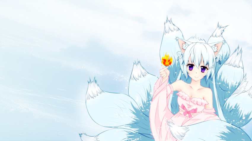 ahri alternate_eye_color alternate_hair_color animal_ears bell blush breasts cleavage detached_sleeves dress fallen fire fox_ears fox_tail highres league_of_legends long_hair multiple_tails purple_eyes silver_hair smile solo tail violet_eyes